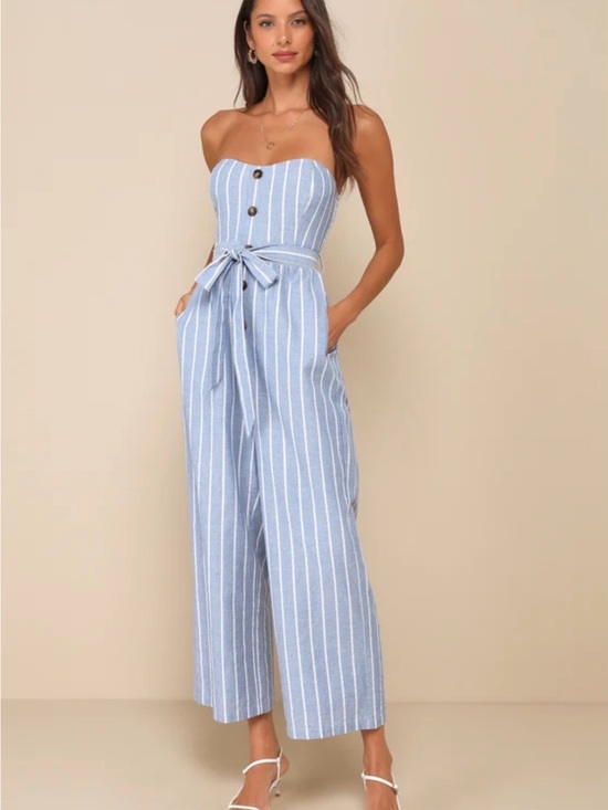 Lulus Pants - Lulu's Light Blue & White Striped Strapless Wide-Leg Jumpsuit
